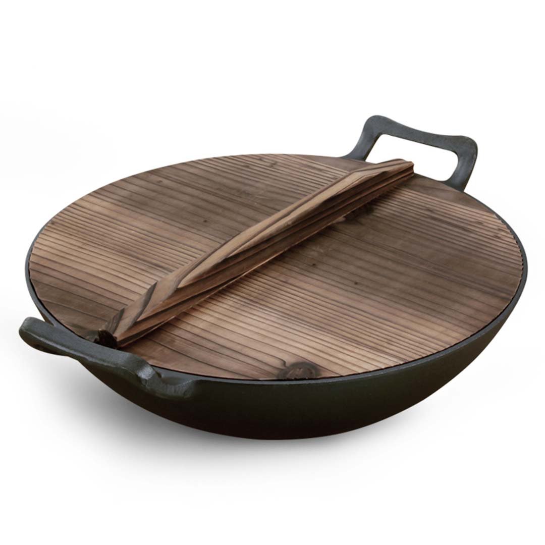 Frying Pans 36CM Commercial Cast Iron Wok FryPan with Wooden Lid Fry Pan