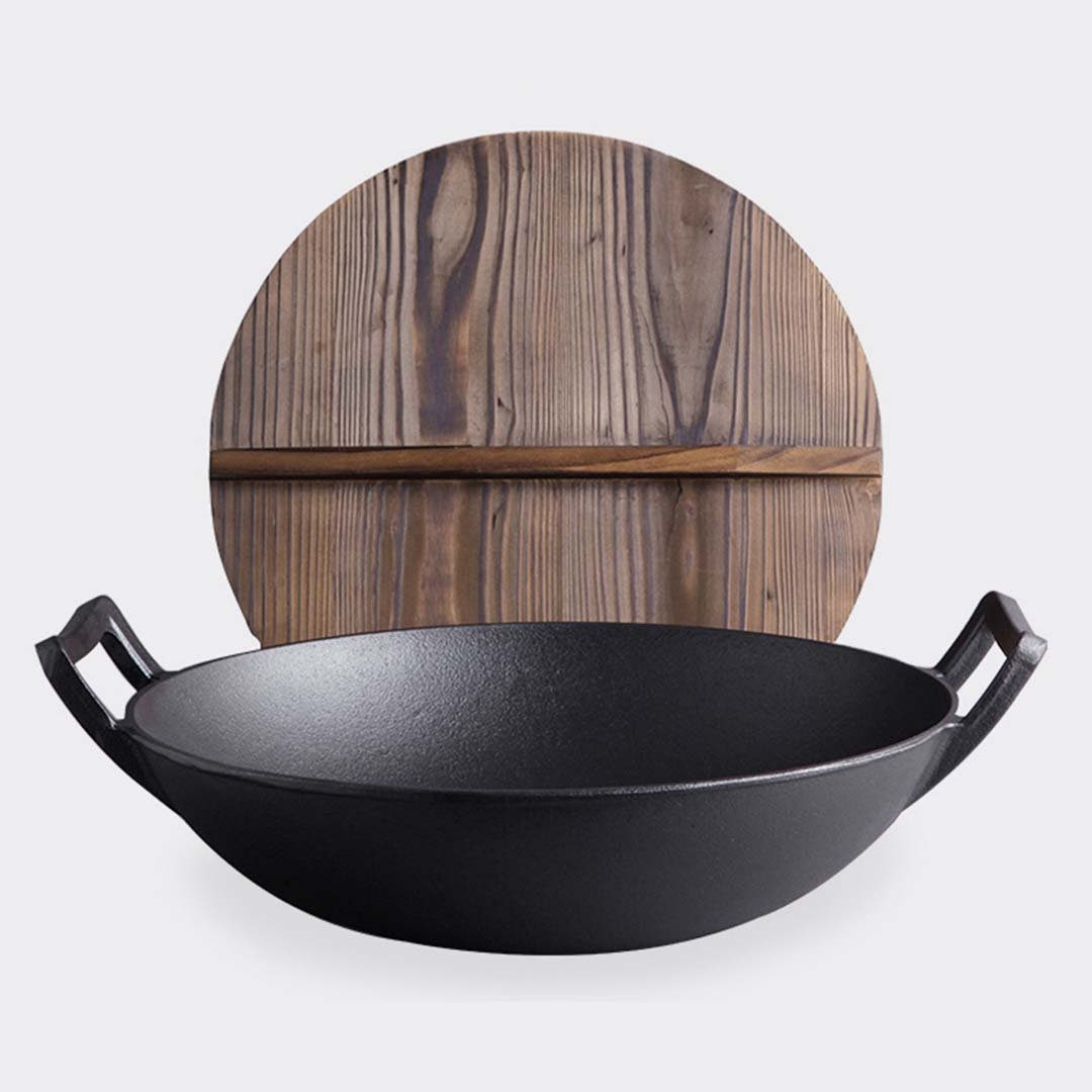 Frying Pans 36CM Commercial Cast Iron Wok FryPan with Wooden Lid Fry Pan