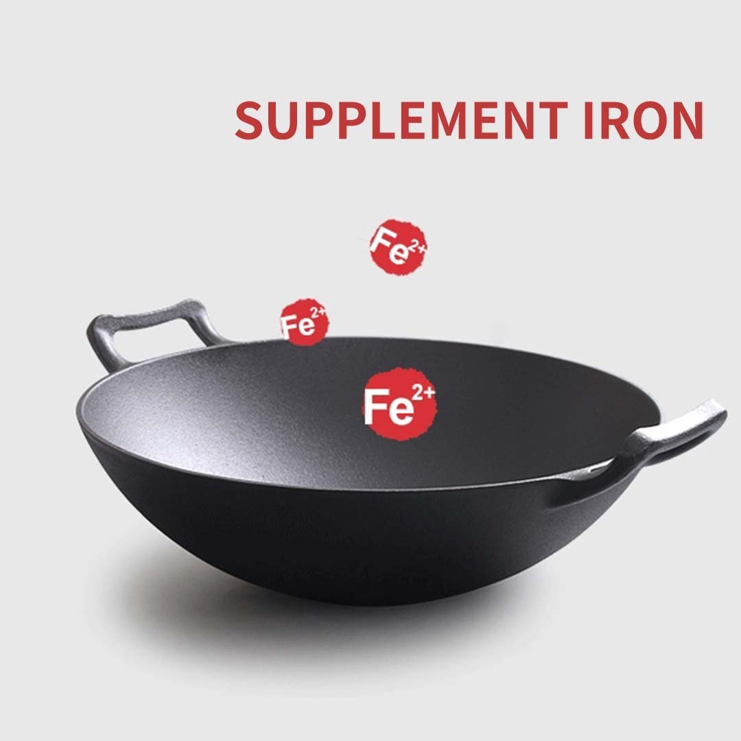 Frying Pans 36CM Commercial Cast Iron Wok FryPan with Wooden Lid Fry Pan