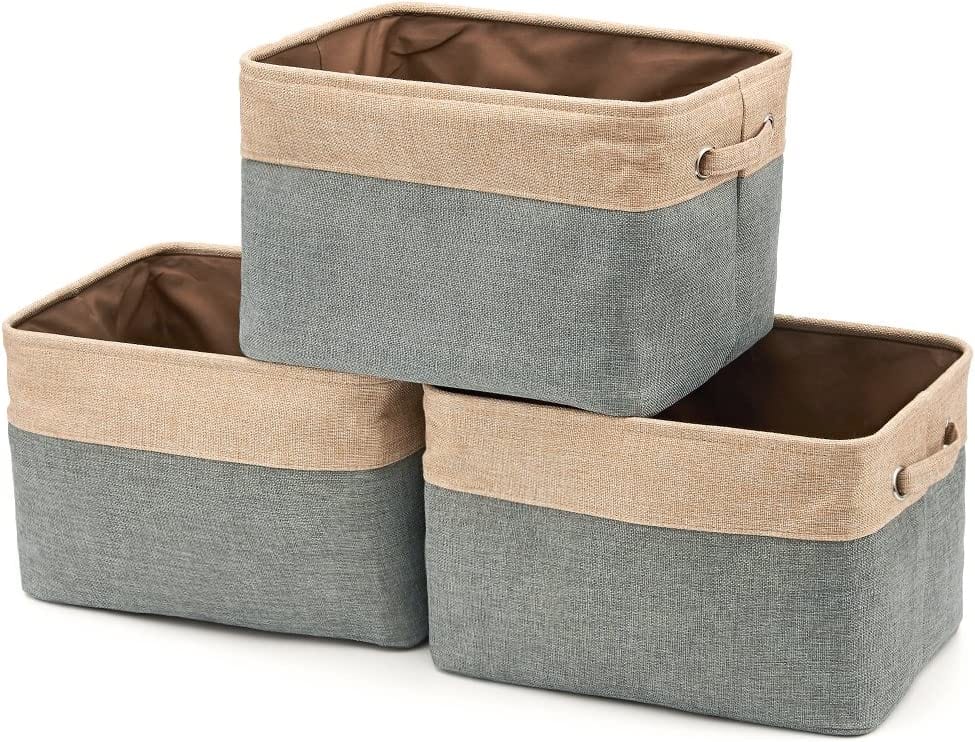 3x Collapsible Large Cube Fabric Storage Bins Baskets For Laundry - Gray And Brown