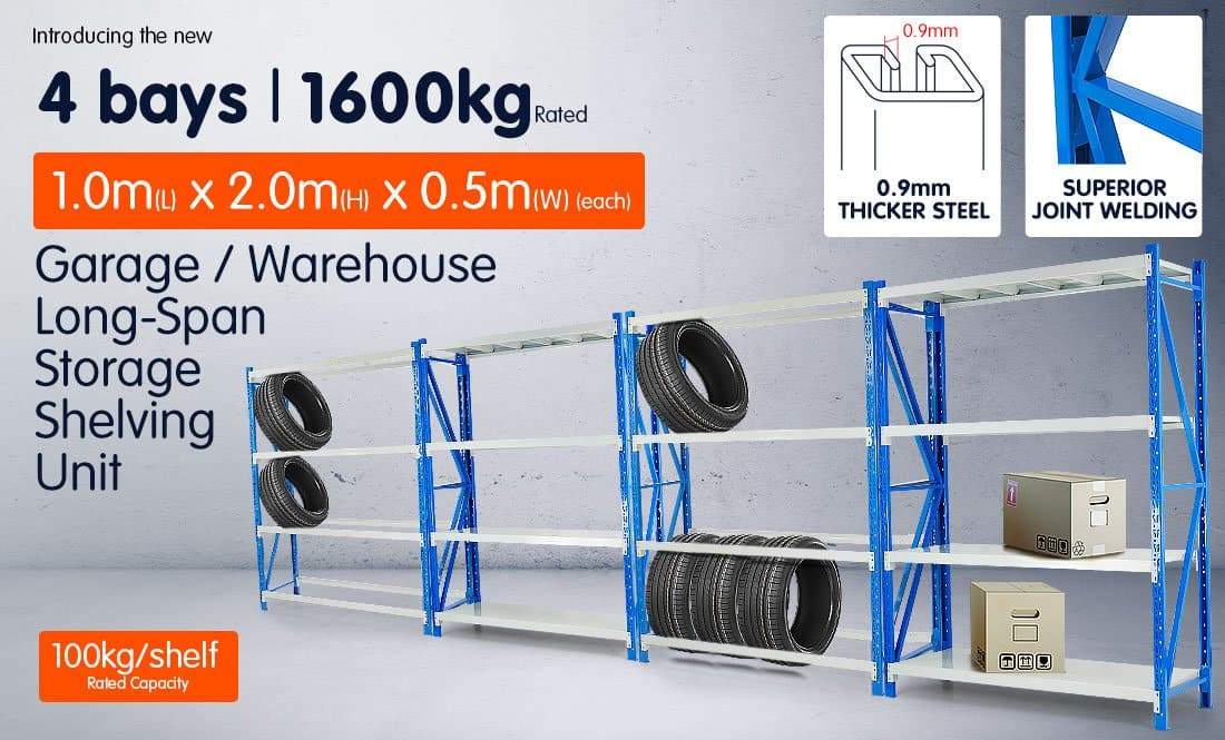 400Kg - 4-Bay shelving 4m-wide 400kg