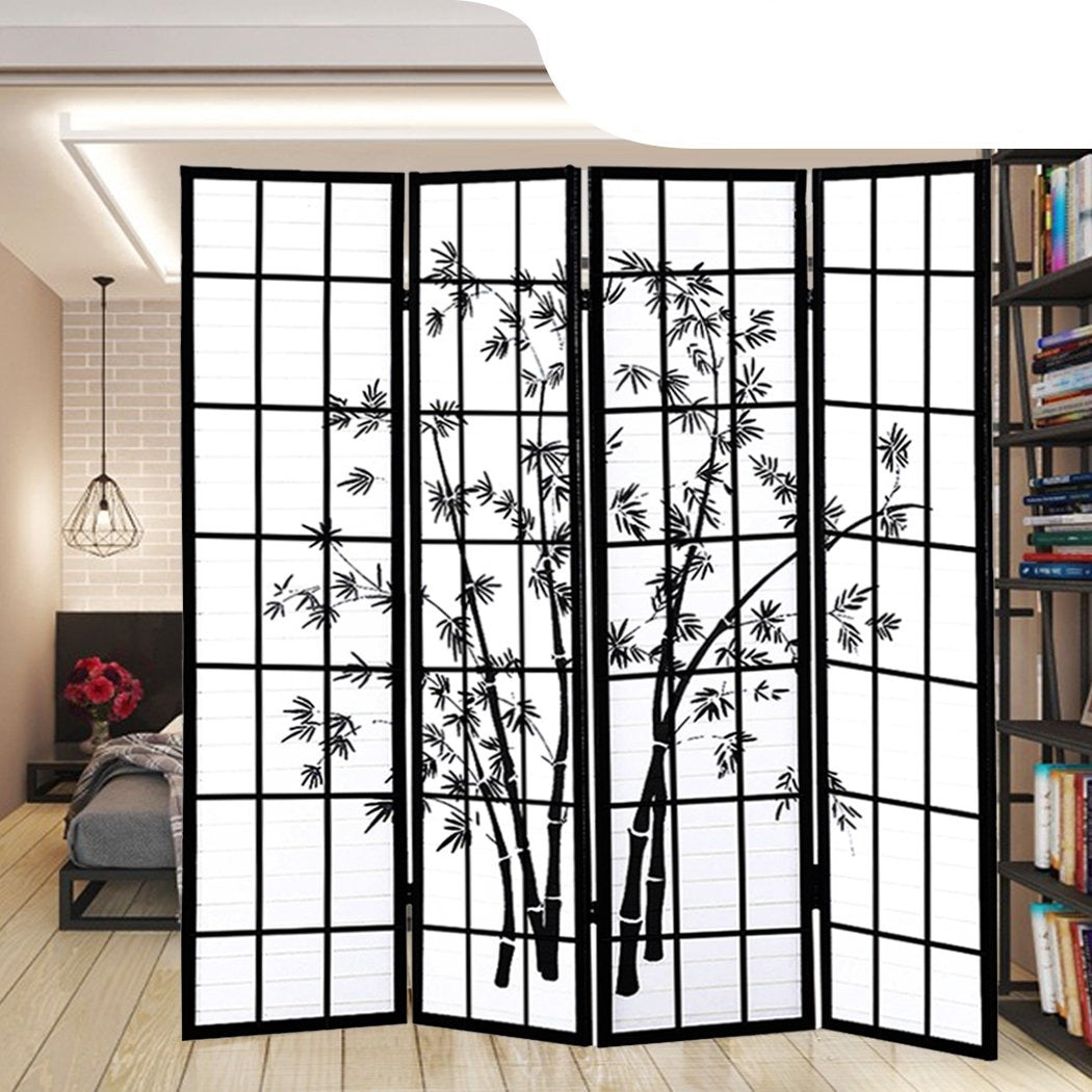 living room 4 Panel Room Divider Screen Door Stand Privacy Fringe Wood Fold Bamboo