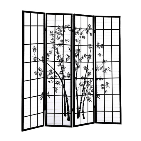 4 Panel Room Divider Screen Door Stand Privacy Fringe Wood Fold Bamboo