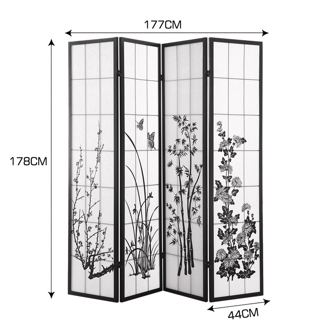 living room 4 Panel Room Divider Screen Door Stand Privacy Fringe Wood Fold Blossom