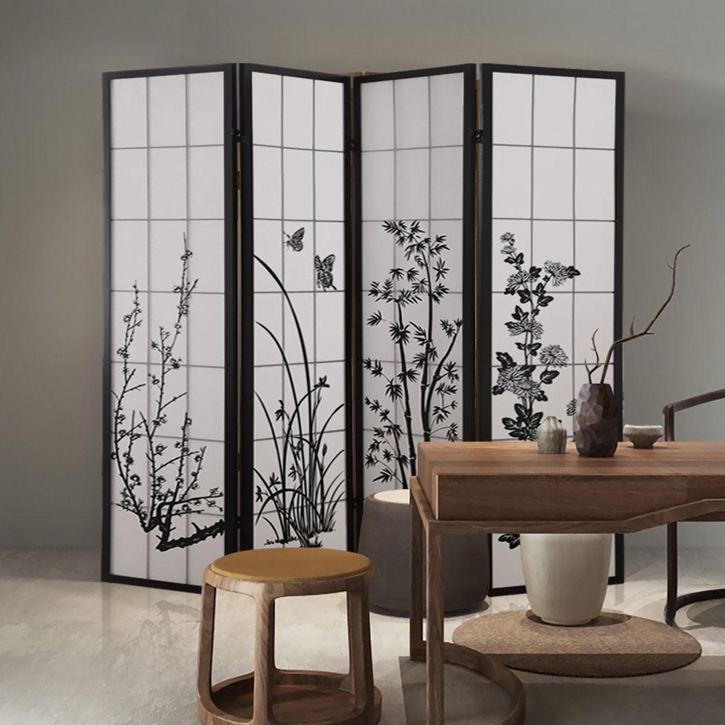 living room 4 Panel Room Divider Screen Door Stand Privacy Fringe Wood Fold Blossom