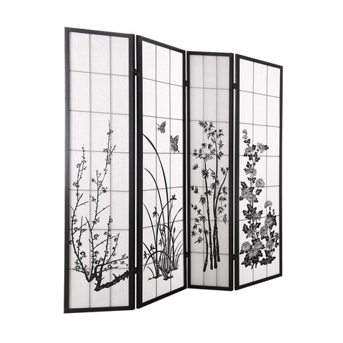 4 Panel Room Divider Screen Door Stand Privacy Fringe Wood Fold Blossom