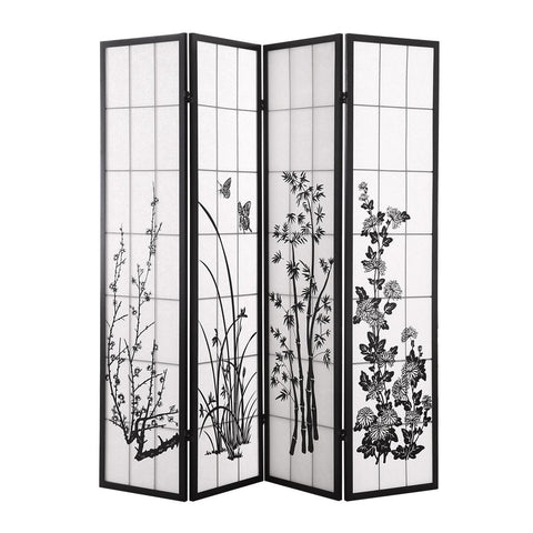 living room 4 Panel Room Divider Screen Door Stand Privacy Fringe Wood Fold Blossom