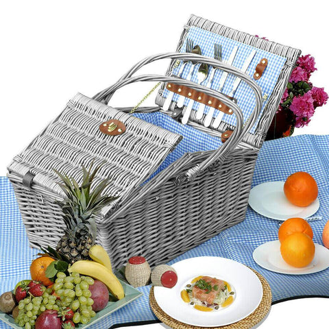 camping / hiking 4 Person Picnic Basket Baskets Set Outdoor Blanket Wicker Deluxe Folding Handle