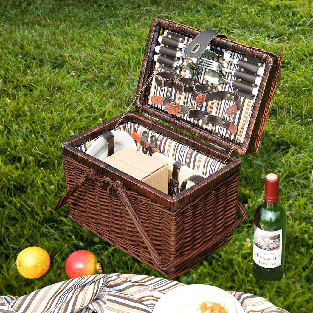 camping / hiking 4 Person Picnic Basket Deluxe Baskets Set Outdoor Blanket Deluxe Wicker Gift