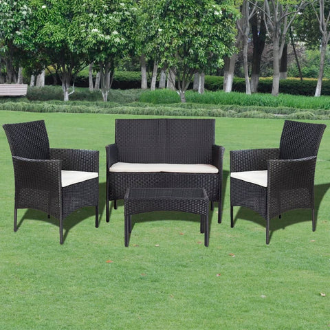 4 Piece Garden lounge Set with Cushions Poly Rattan Black