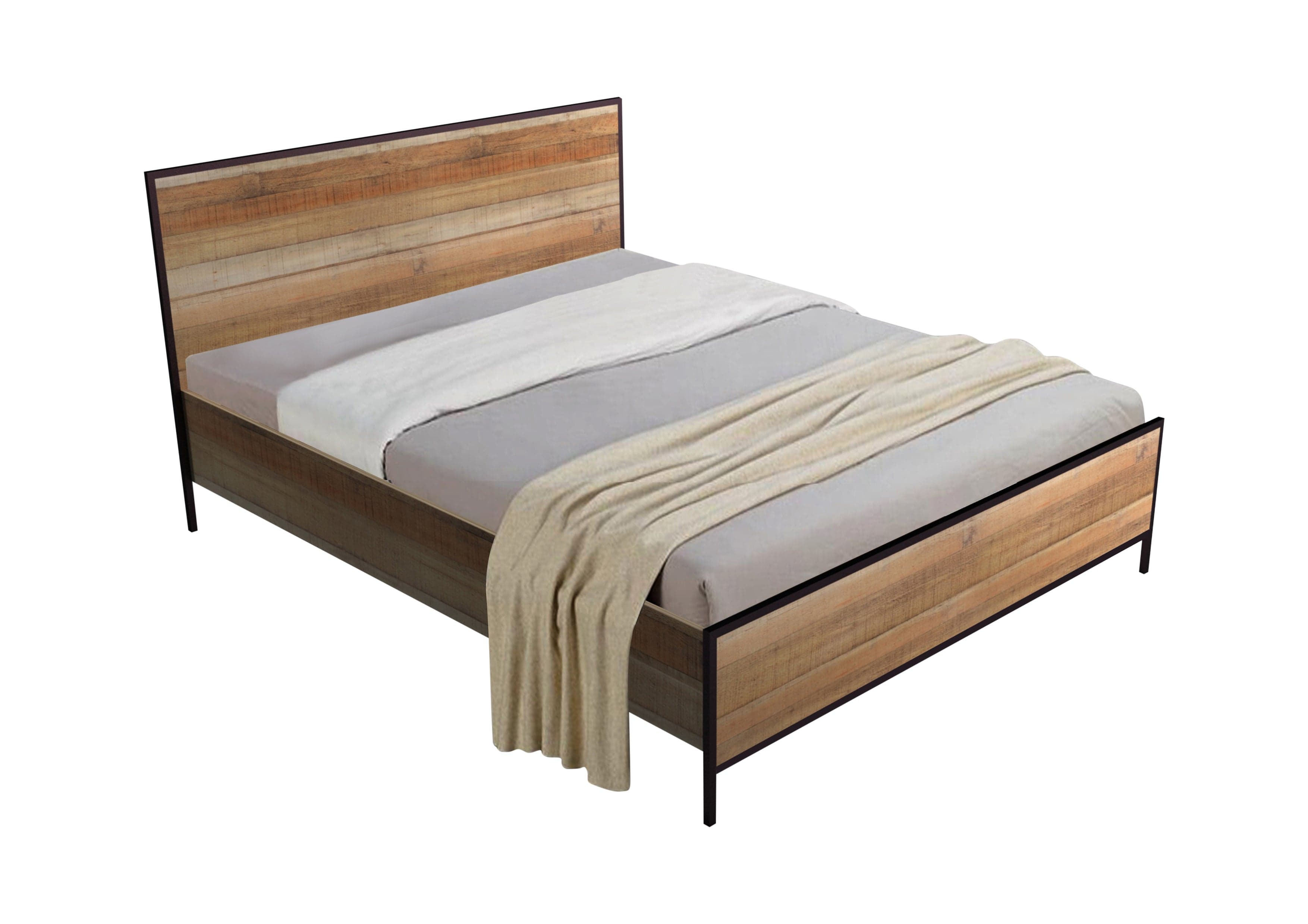 4 Pieces Bedroom Suite Metal Legs Queen Oak Colour Bed, Bedside Table & Tallboy