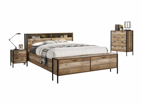 4 Pieces Storage Bedroom Suite Metal Legs Queen Oak, Bedside Table & Tallboy