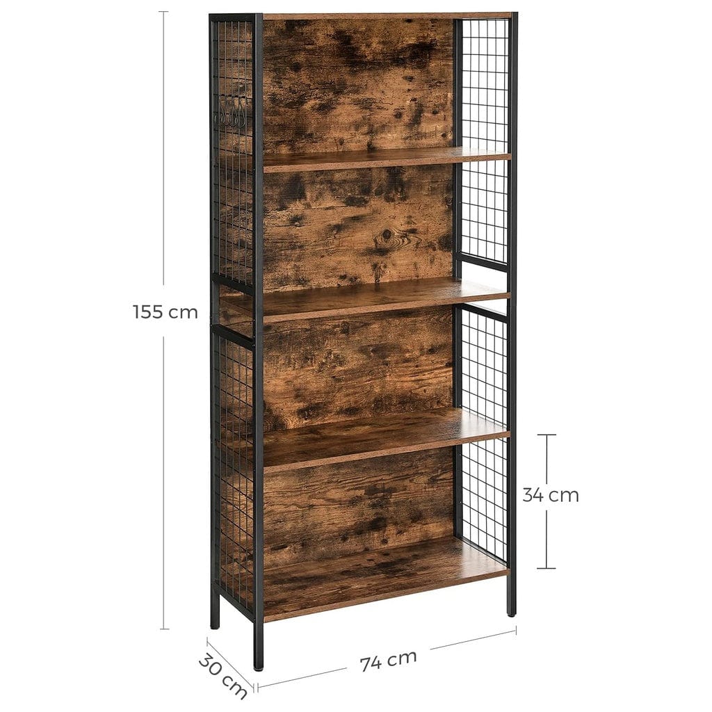 4 Tiers Bookcase Office Storage Shelf Rustic Brown and Black