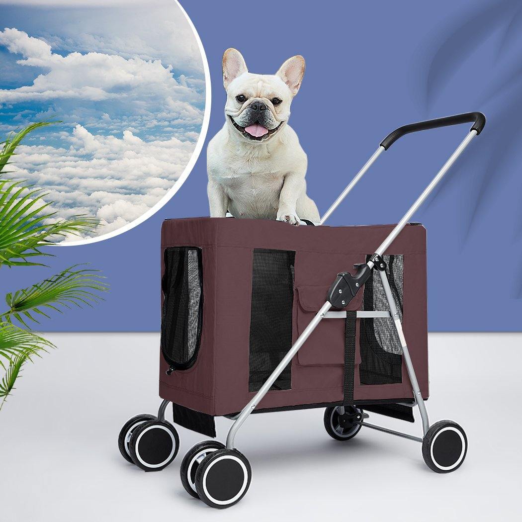 pet products 4 Wheels Pushchair Foldable Pet Stroller - Brown