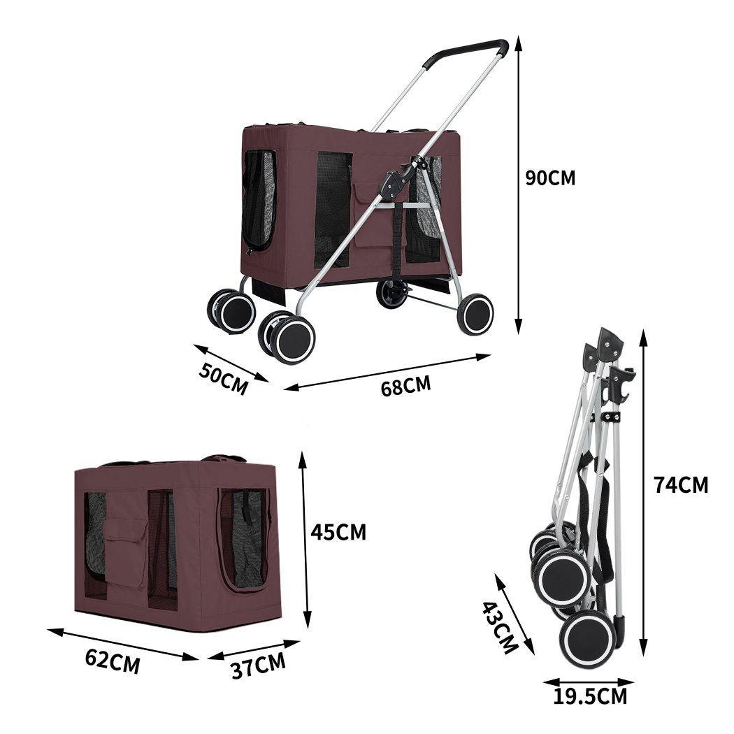 pet products 4 Wheels Pushchair Foldable Pet Stroller - Brown