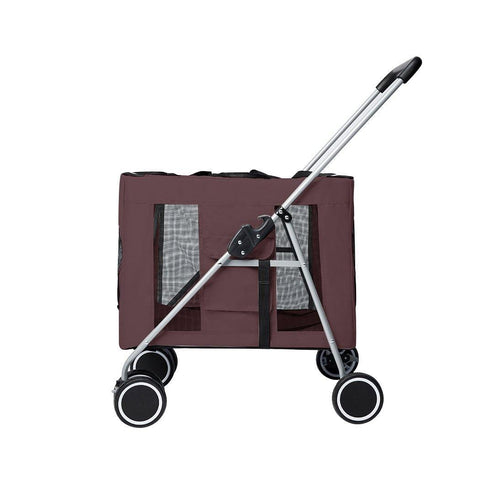 4 Wheels Pushchair Foldable Pet Stroller - Brown