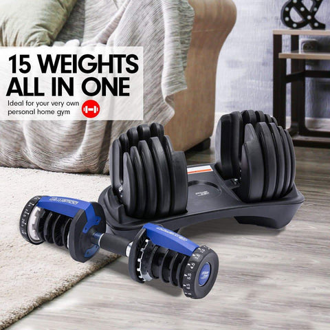 48kg Powertrain Adjustable Dumbbell Home Gym Set Blue