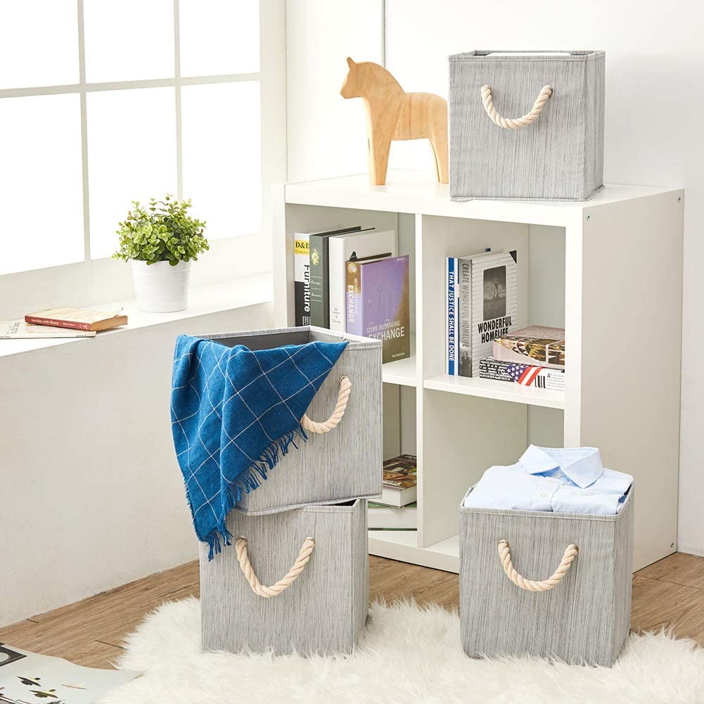 4x Foldable Fabric Storage Cube Bins And Water Resistant Basket Box Organizer For Shelves (Grey