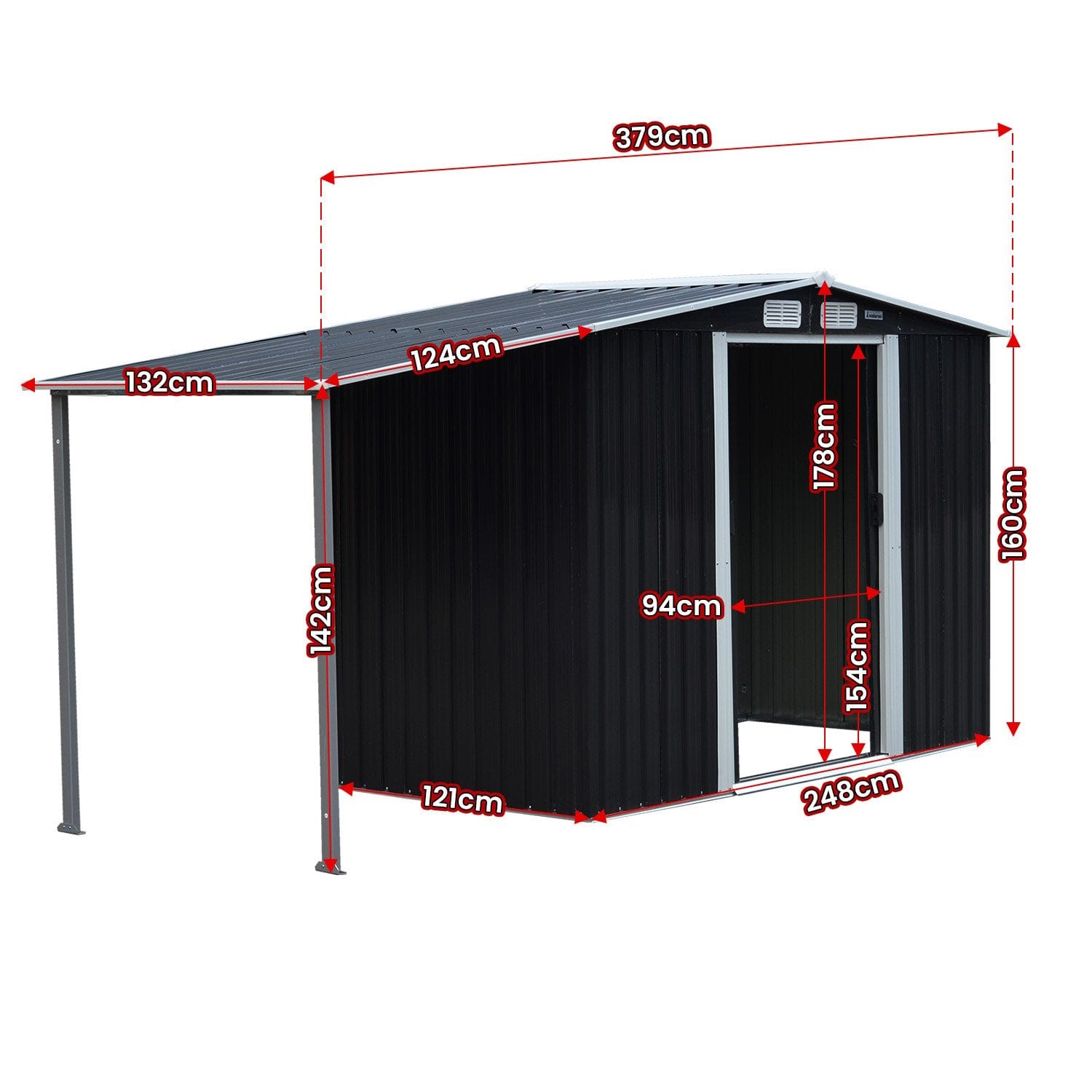 4x8ft Zinc Steel Garden Shed with Open Storage - Black