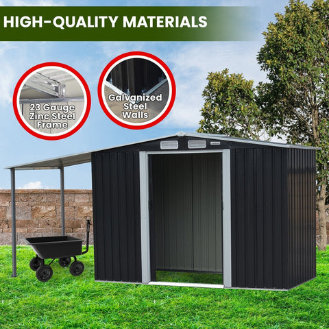 4x8ft Zinc Steel Garden Shed with Open Storage - Black