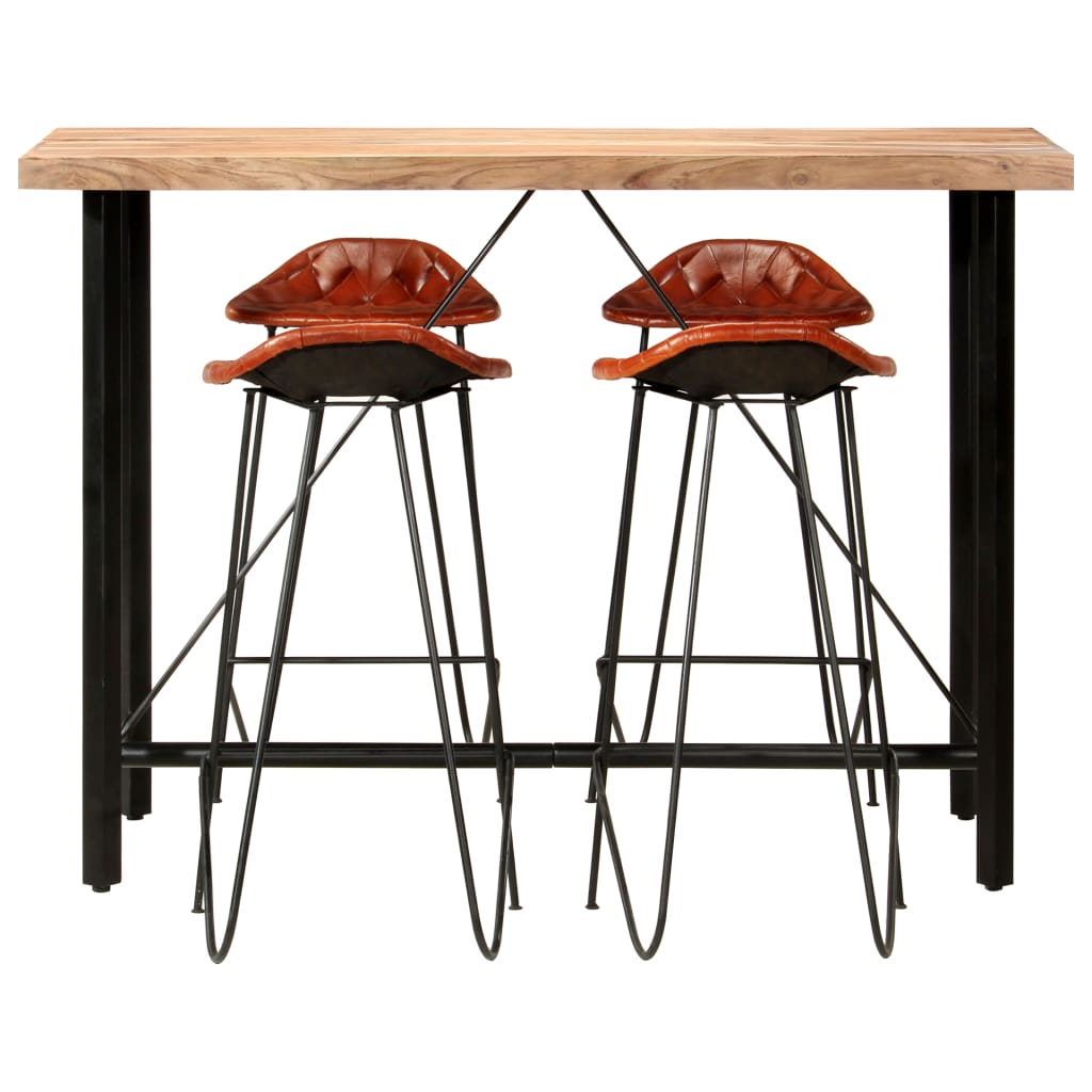 5 Piece Bar Set Solid Sheesham Wood and Real Leather