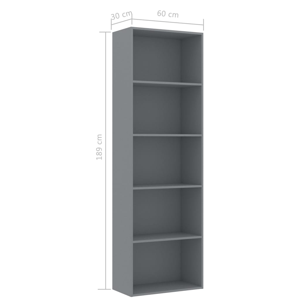 5-Tier Book Cabinet Grey 60x30x189 cm Chipboard