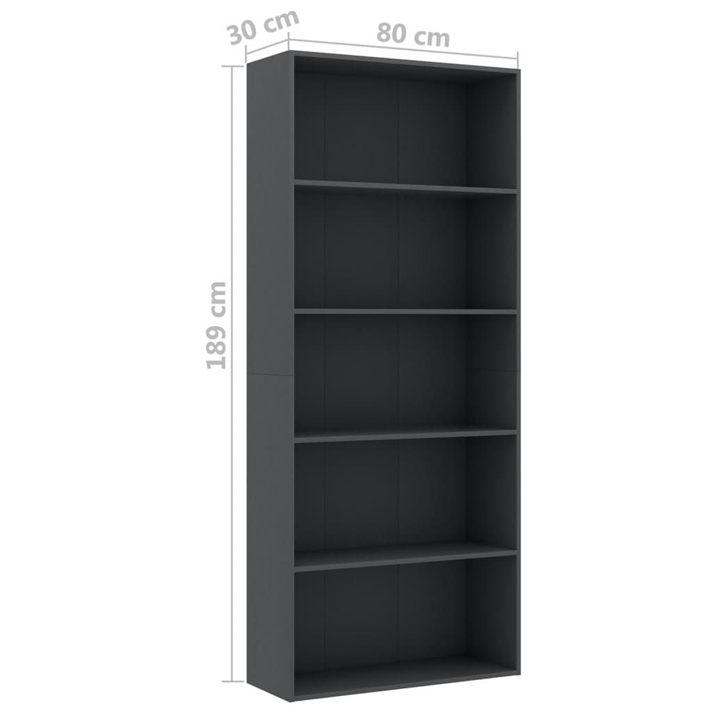 5-Tier Book Cabinet Grey 80x30x189 cm Chipboard