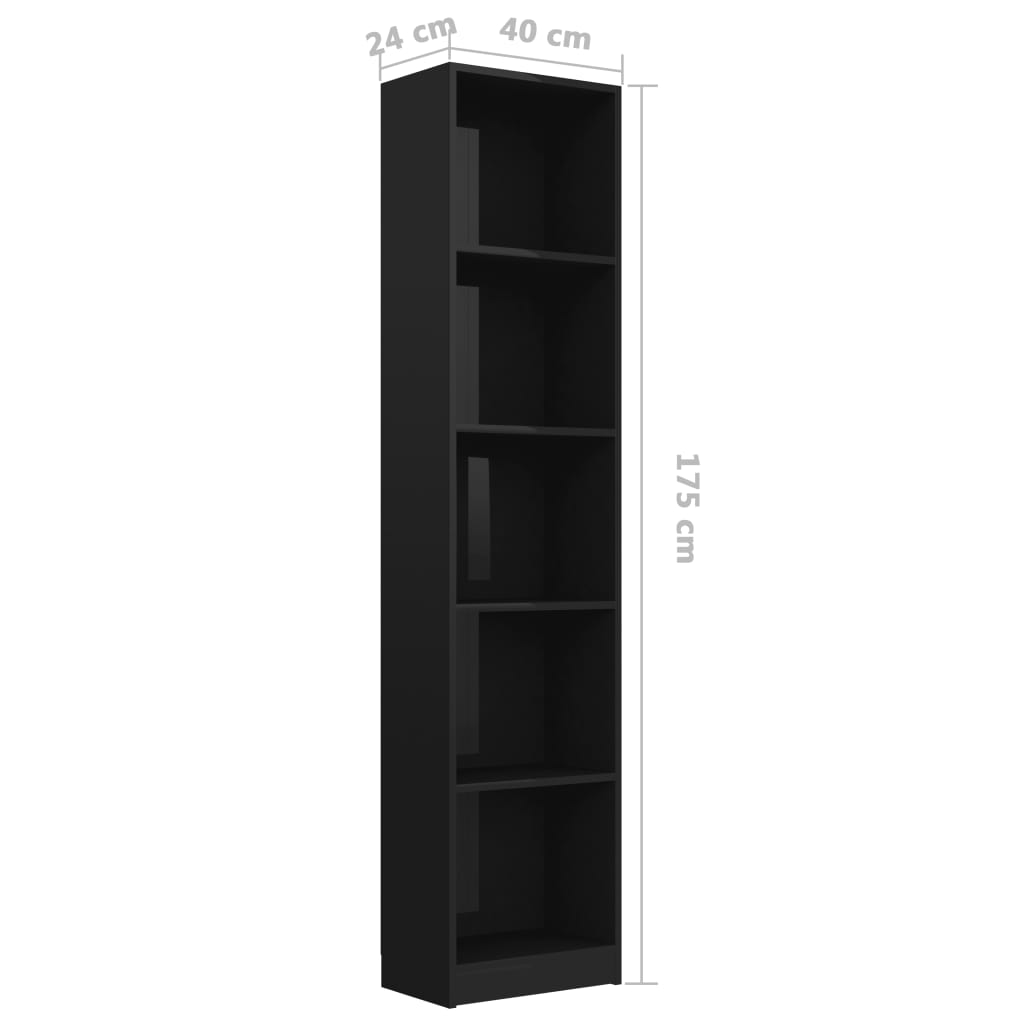 5-Tier Book Cabinet High Gloss Black 40x24x175 cm Chipboard