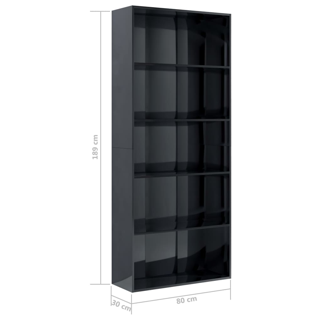 5-Tier Book Cabinet High Gloss Black 80x30x189 cm Chipboard