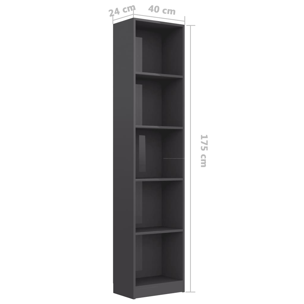 5-Tier Book Cabinet High Gloss Grey 40x24x175 cm Chipboard