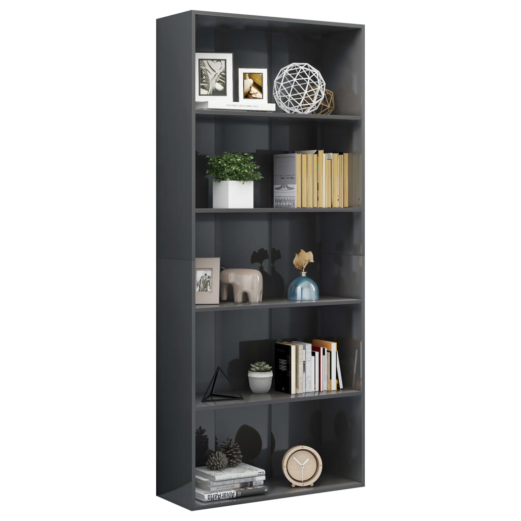 5-Tier Book Cabinet High Gloss Grey 80x30x189 cm Chipboard