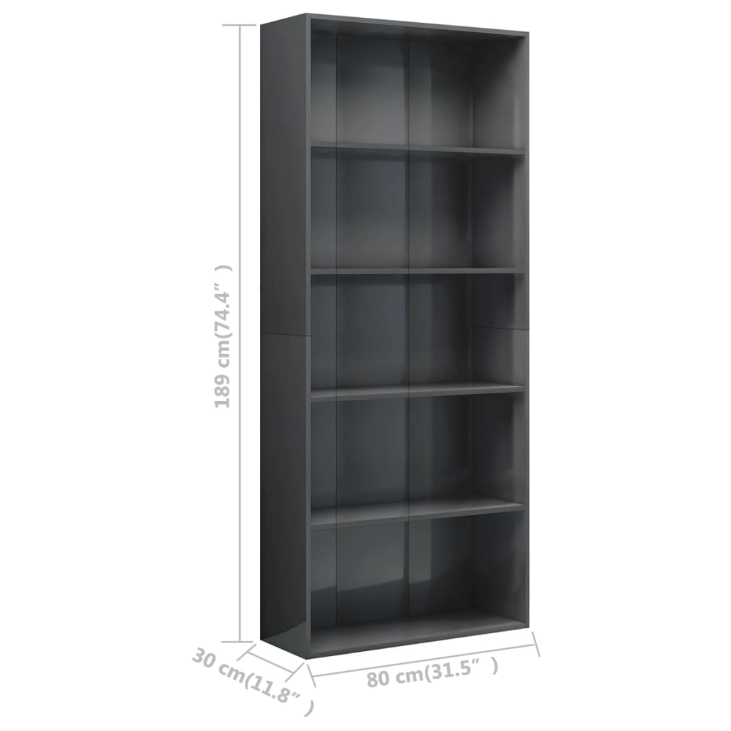 5-Tier Book Cabinet High Gloss Grey 80x30x189 cm Chipboard