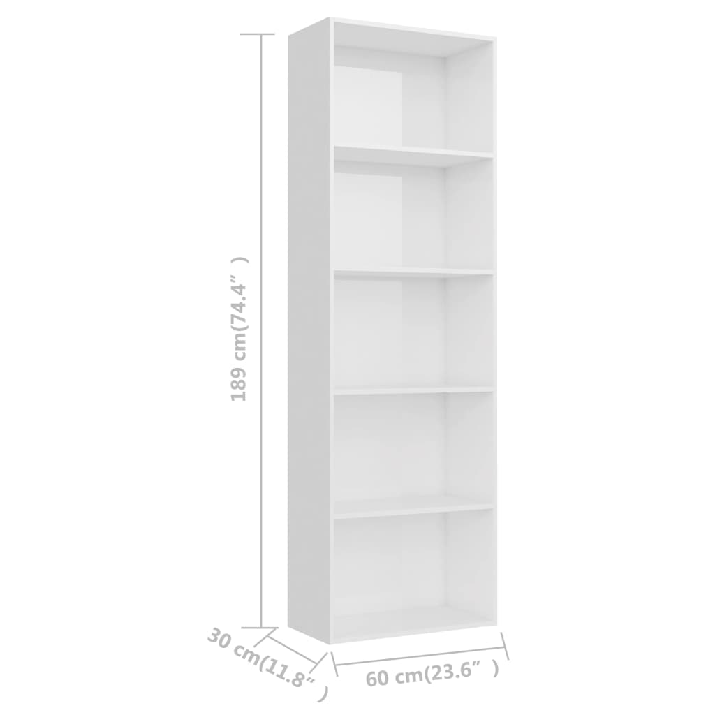 5-Tier Book Cabinet High Gloss White 60x30x189 cm Chipboard