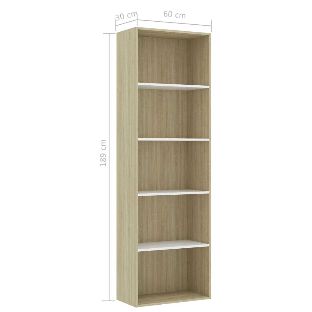 5-Tier Book Cabinet White and Sonoma Oak 60x30x189 cm Chipboard