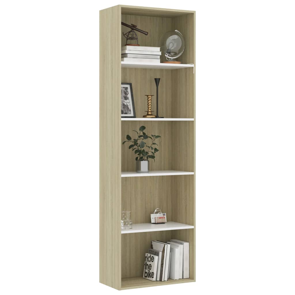 5-Tier Book Cabinet White and Sonoma Oak 60x30x189 cm Chipboard