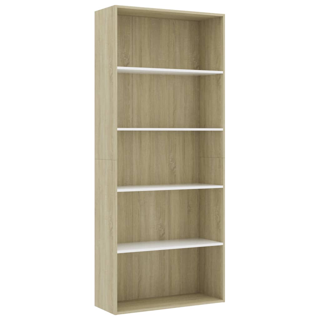 5-Tier Book Cabinet White and Sonoma Oak 80x30x189 cm Chipboard