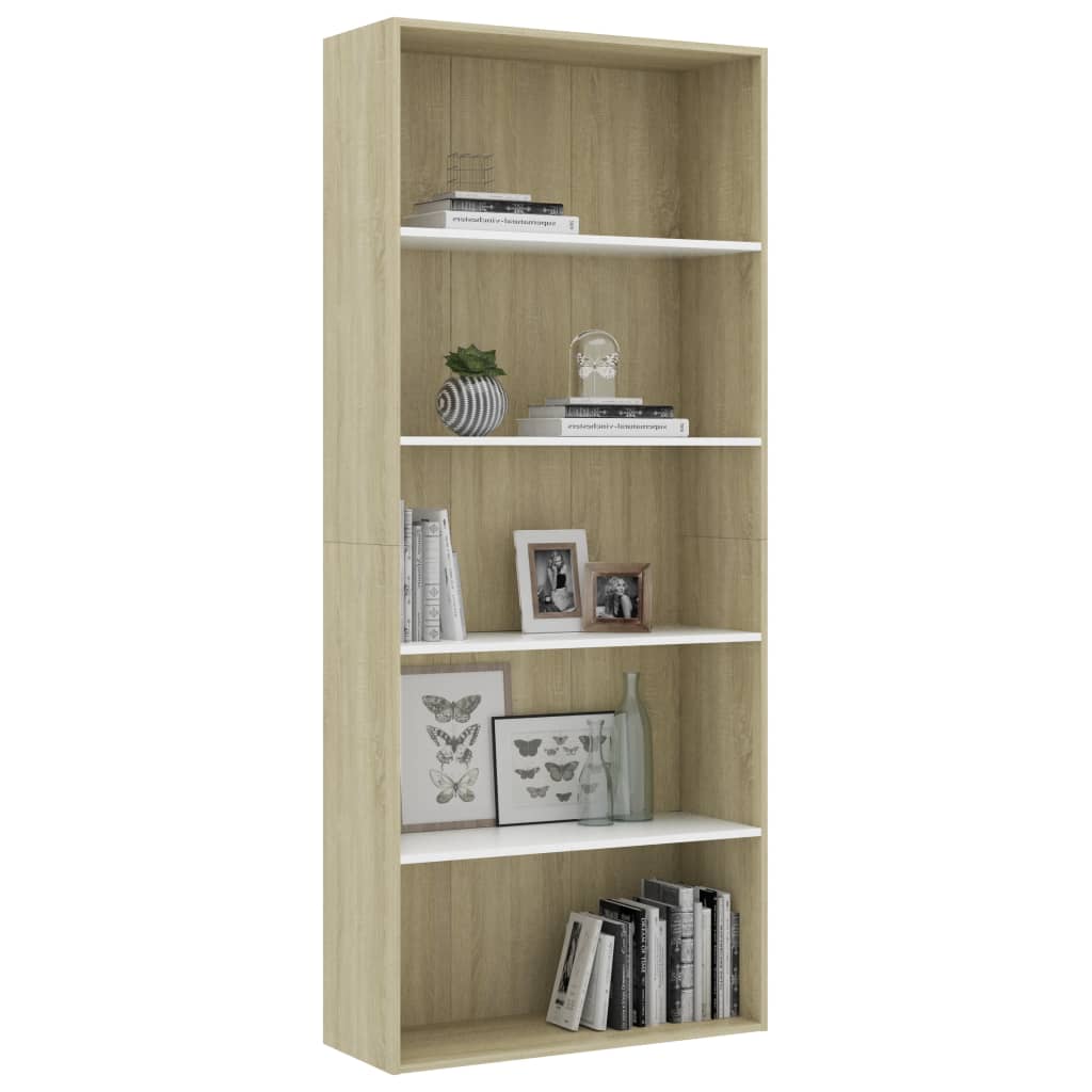 5-Tier Book Cabinet White and Sonoma Oak 80x30x189 cm Chipboard