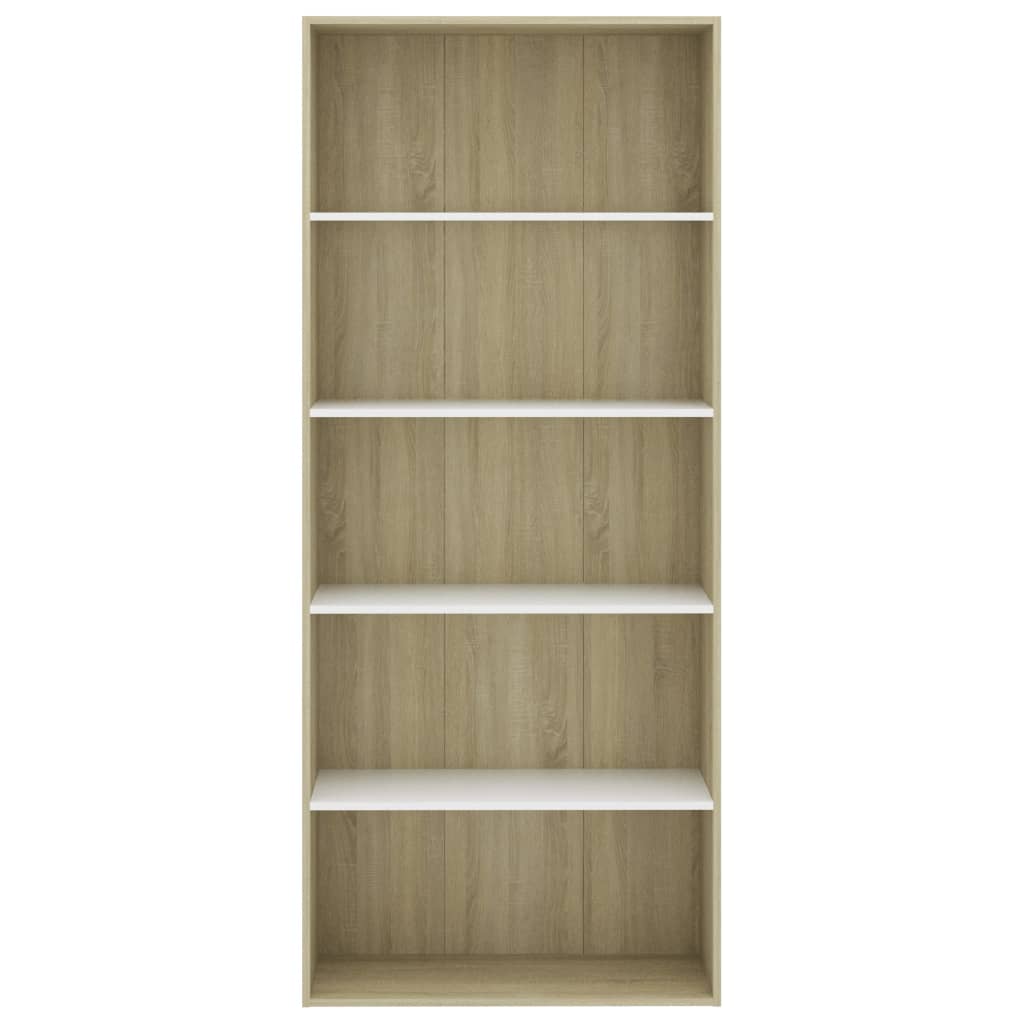 5-Tier Book Cabinet White and Sonoma Oak 80x30x189 cm Chipboard