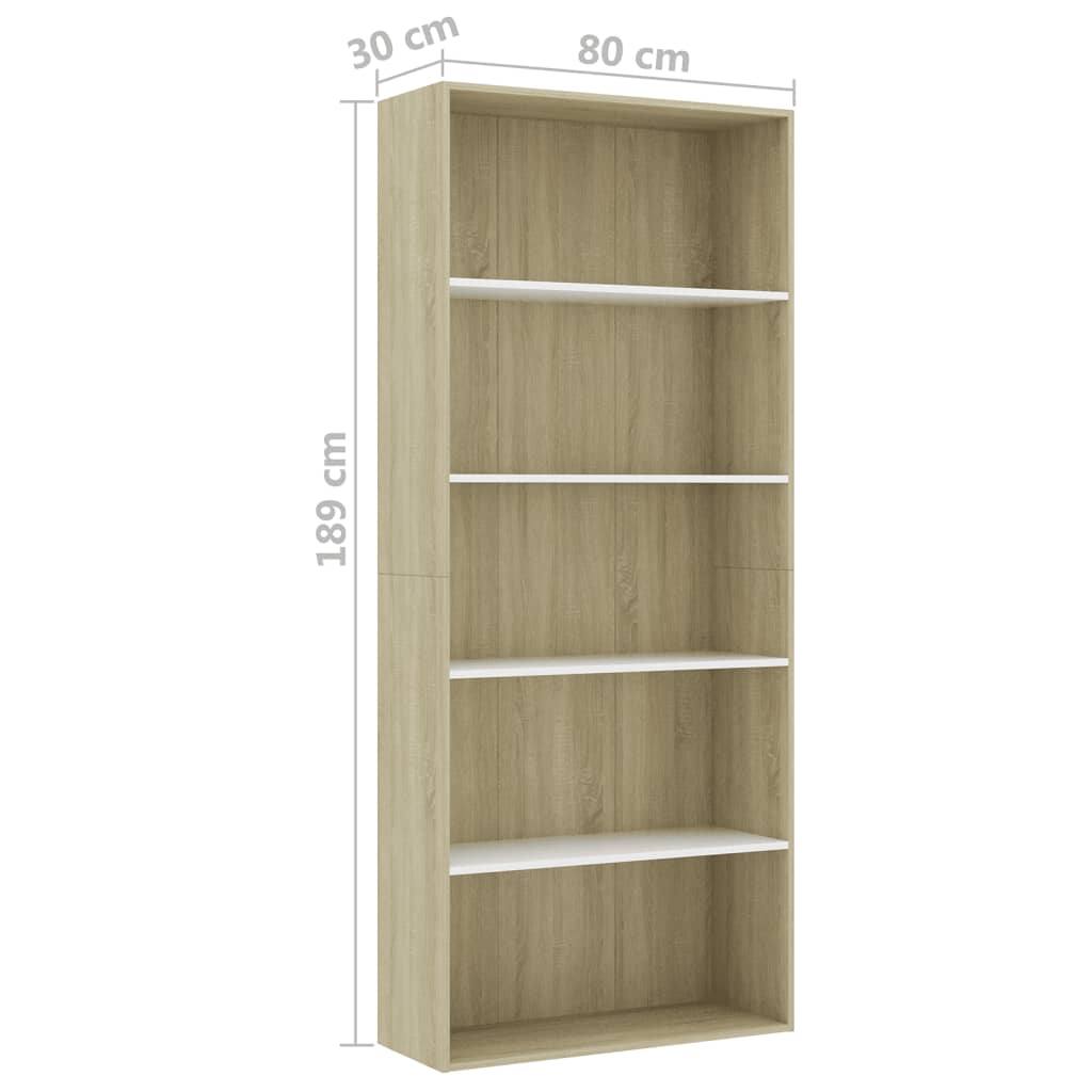 5-Tier Book Cabinet White and Sonoma Oak 80x30x189 cm Chipboard