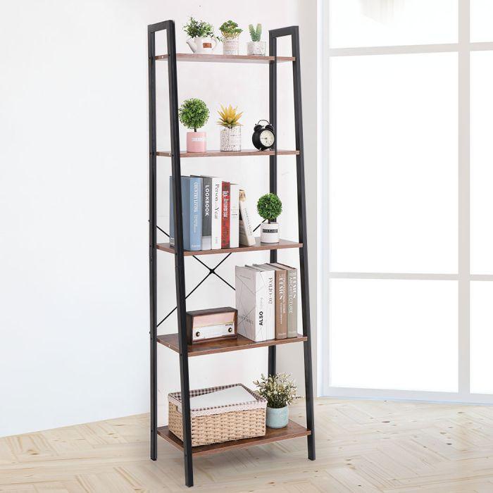 5 Tier Bookshelf Industrial Ladder Shelf Wooden Storage Display Rack