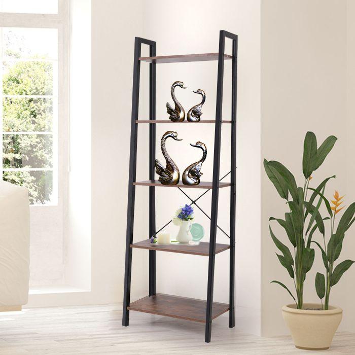 5 Tier Bookshelf Industrial Ladder Shelf Wooden Storage Display Rack