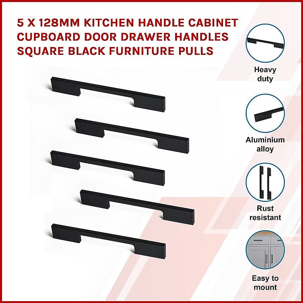 5 x 128mm Kitchen Handle Cabinet Cupboard Door Drawer- Black