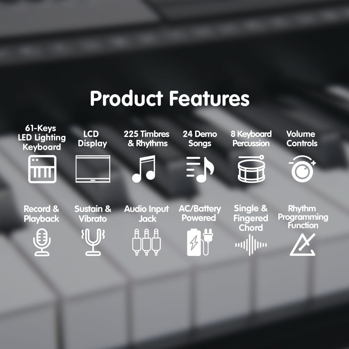 61 Keys Electronic Led Keyboard Piano With Stand - Black