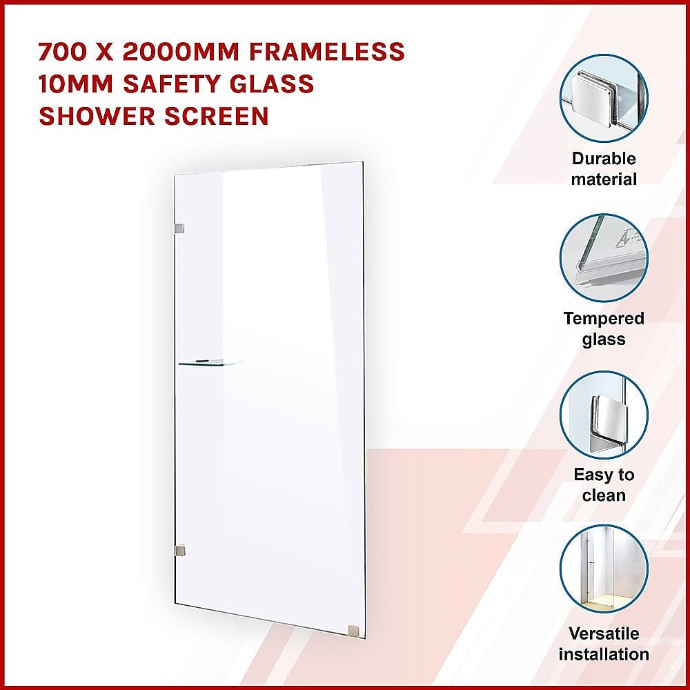 700 x 2000mm Frameless 10mm Safety Glass Shower Screen Chrome/Black