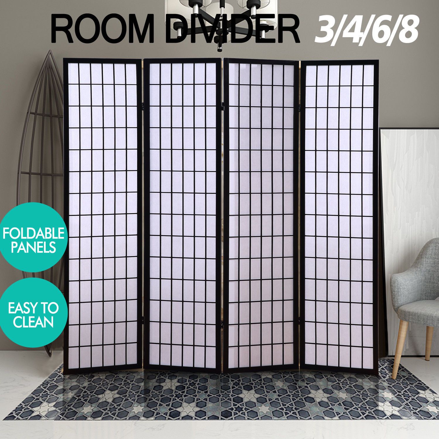 living room 8 Panel Free Standing Foldable  Room Divider Privacy Screen Black Frame