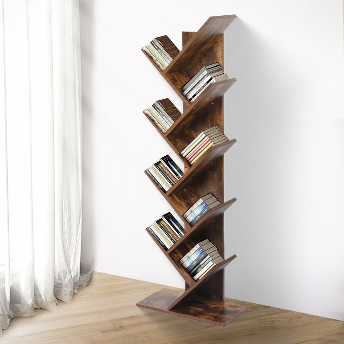 8-Tier Wooden Tree Bookcase Storage Bookshelf-Brown