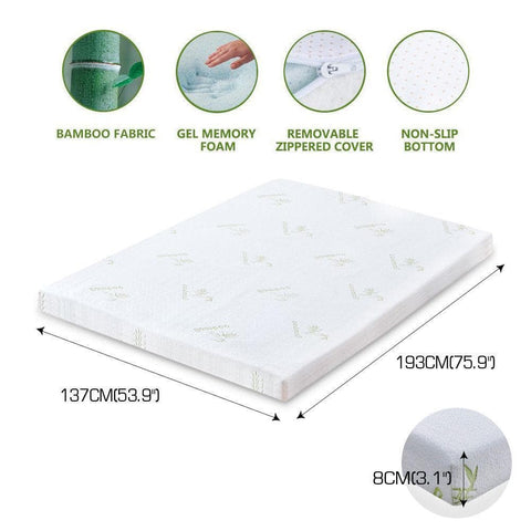 8cm Thickness Cool Gel Memory Foam Mattress Topper Bamboo Fabric Double