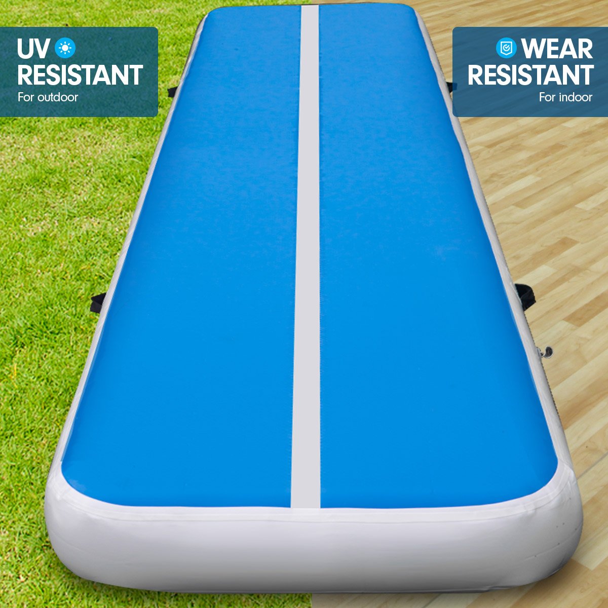 yoga 8m x 1m Air Track Inflatable Tumbling Gymnastics Mat - Blue White