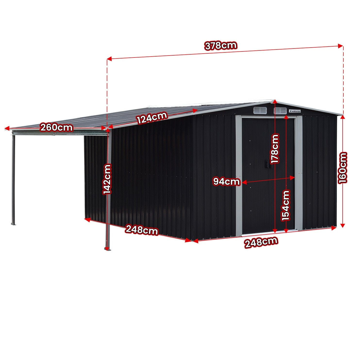 8x8ft Zinc Steel Garden Shed with Open Storage - Black