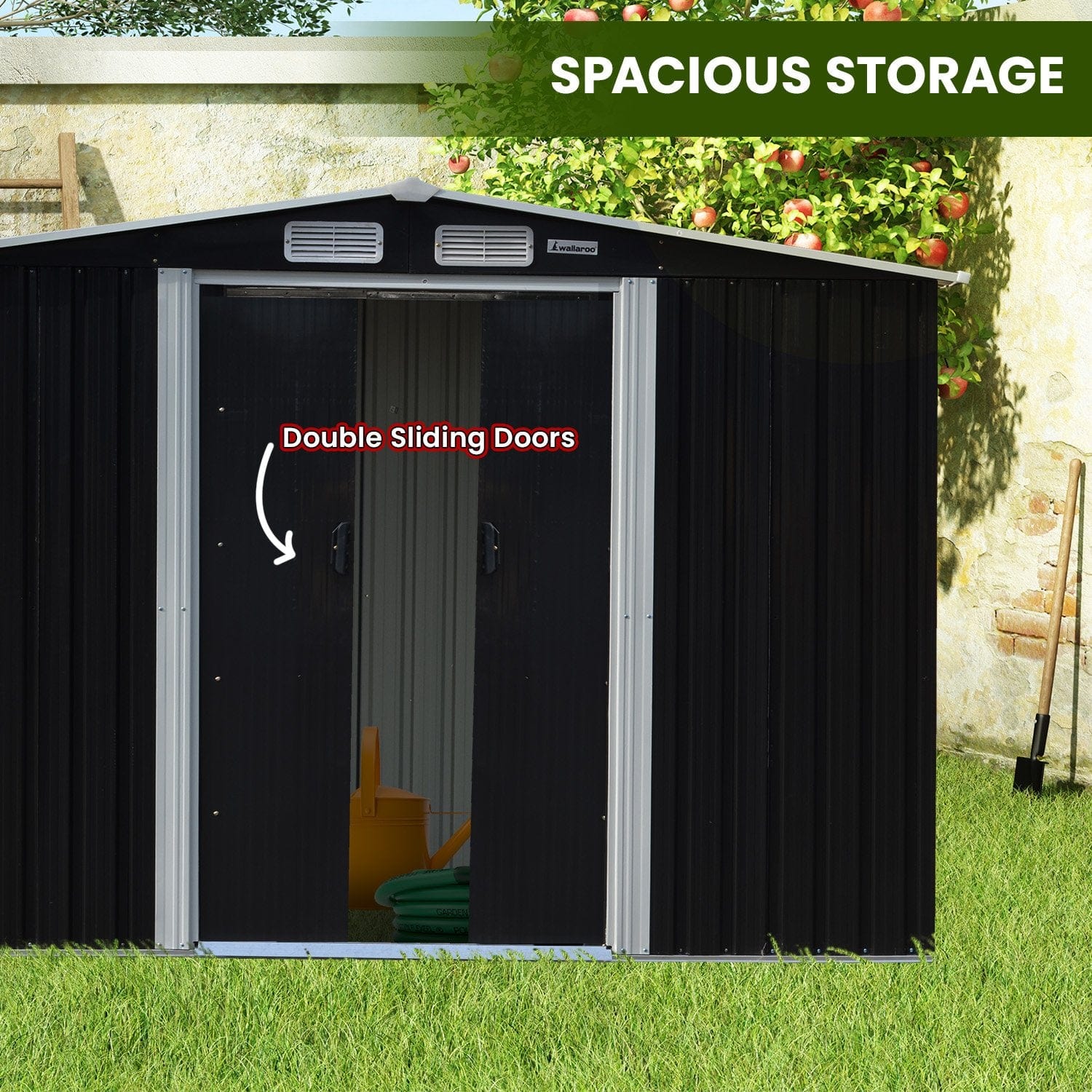 8x8ft Zinc Steel Garden Shed with Open Storage - Black